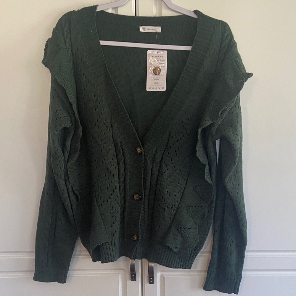 NWT Preppy Green Ruffled V-Neck Cardigan Sweater with eyelet detail